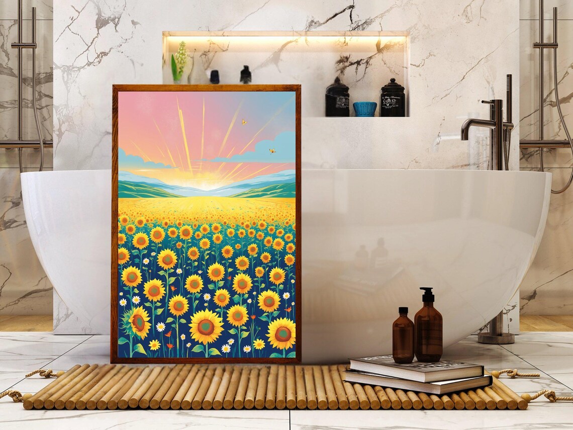 Bright Sunflower Field Sunrise Golden Morning Meadow Sky Art Print - Image 5
