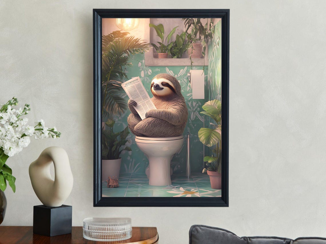 Relaxed Sloth Reading Newspaper on Toilet in Tropical Bathroom Poster - Image 2