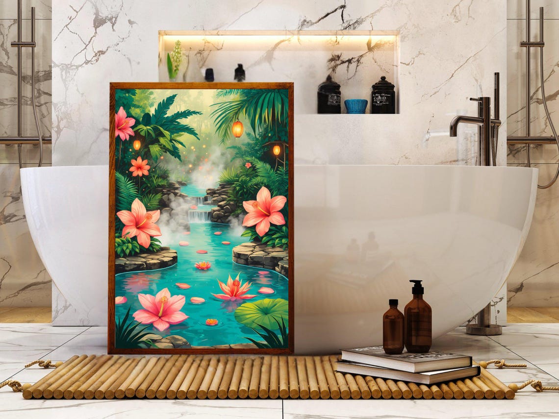 Tropical Waterfall Pool With Pink Hibiscus And Hanging Lanterns Poster - Image 5