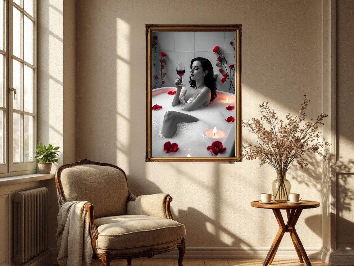 Elegant Woman In Bathtub Wall Art Luxury Spa Bathroom Decor Red Roses And Candles Relaxation And Serenity Print - Image 2