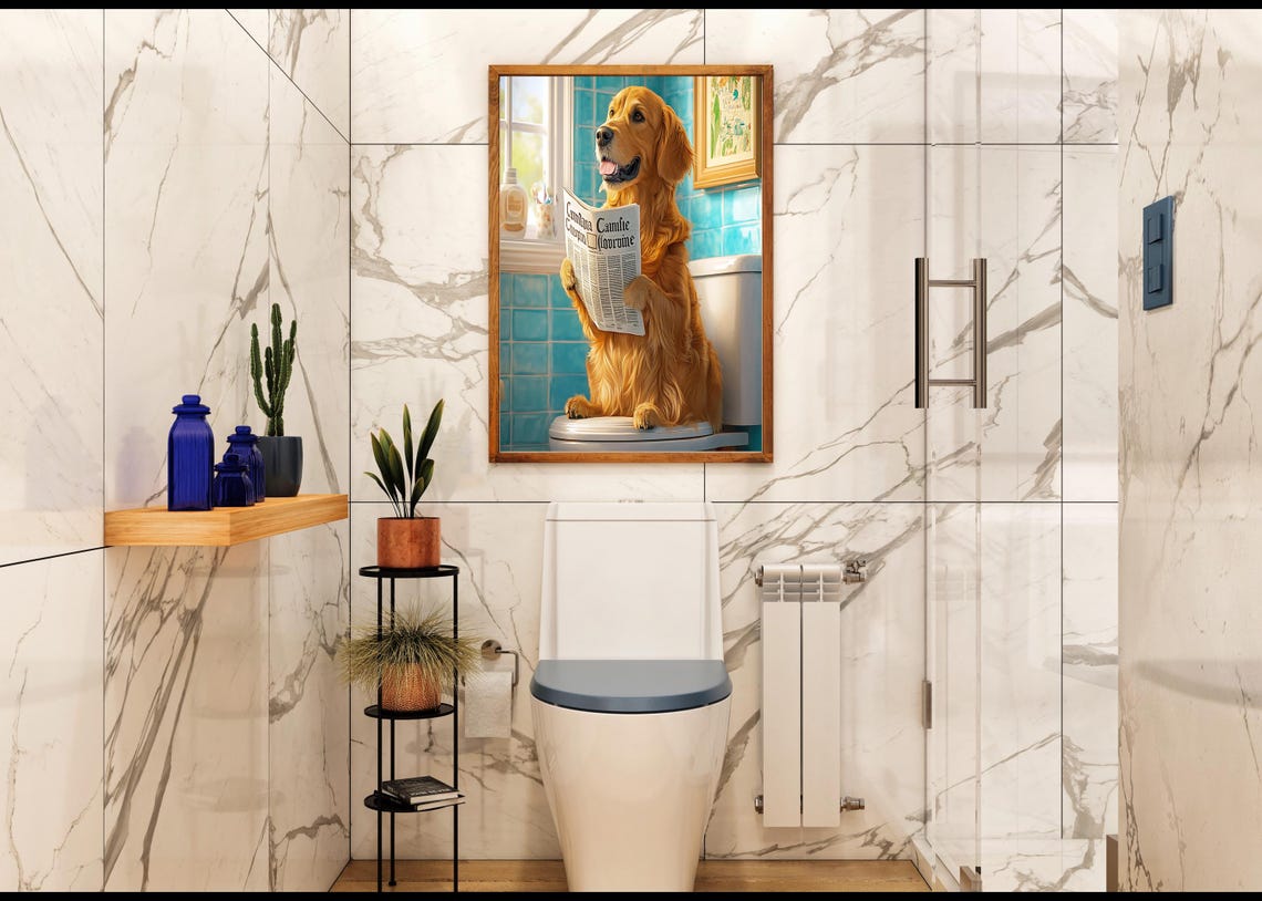 Golden Retriever Reading Newspaper On Toilet Turquoise Bathroom Poster - Image 2