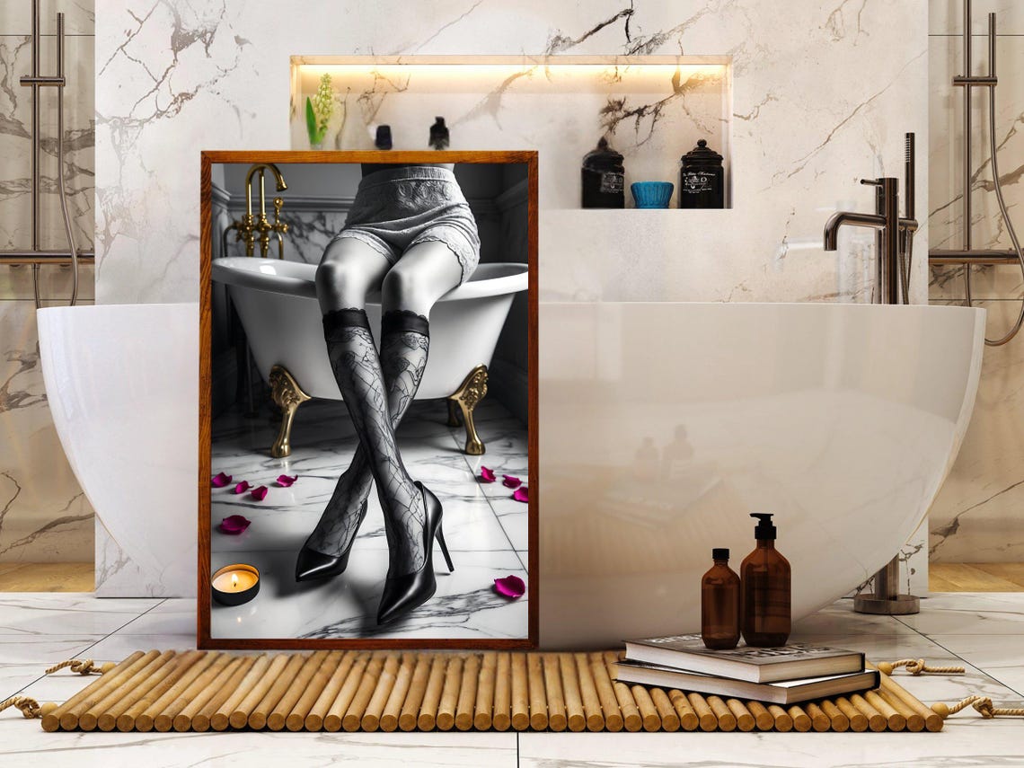 Woman's Legs in Lace Stockings on a Marble Bathtub Edge Poster - Image 5