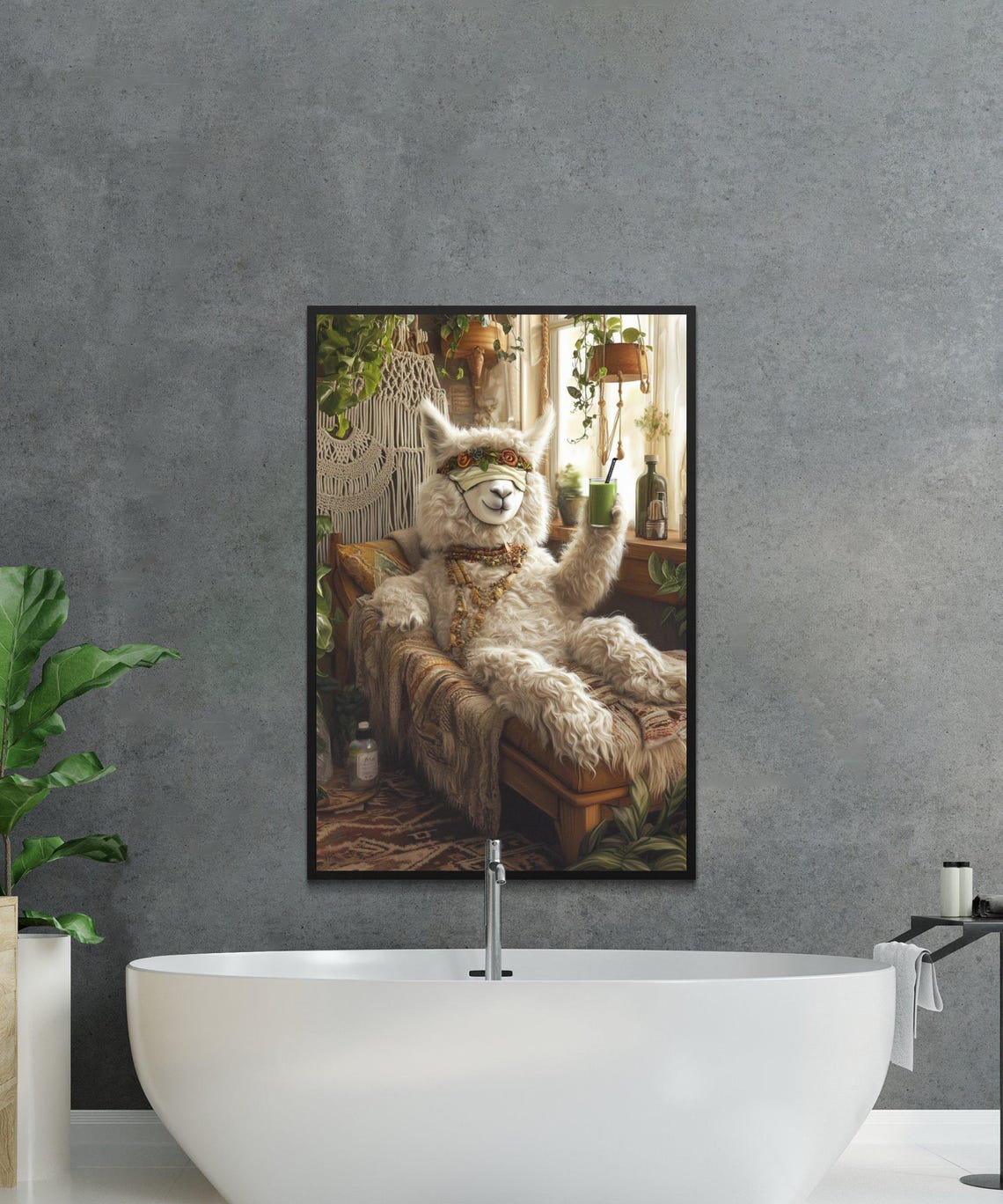 Boho Llama in a Sleep Mask Sipping a Green Smoothie at Home Poster - Image 2