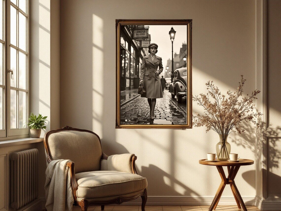 Vintage Street Style Wall Art Retro Woman Walking On Cobblestone Classic Fashion Poster Black And White Decor Timeless Photography Print - Image 2