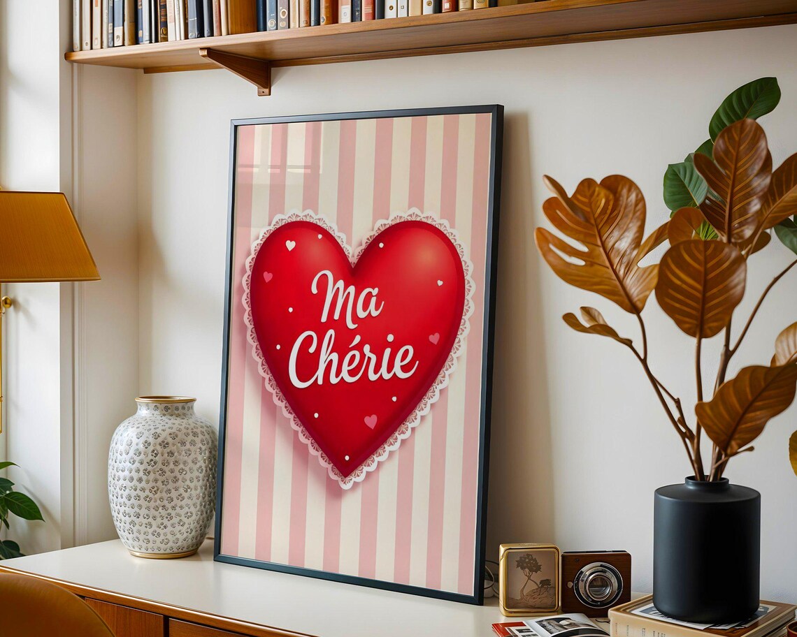 Ma Cherie Red Heart on Pink Stripes Romantic Love Valentine Poster - Image 5
