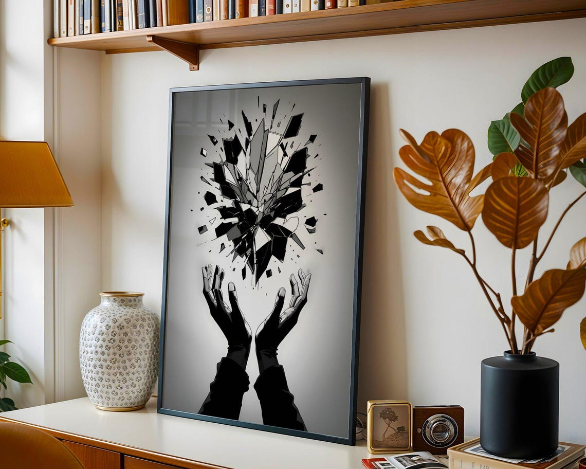 Abstract Geometric Wall Art Modern Black And White Print Minimalist Broken Glass Design Monochrome Artwork Home Decor - Image 2
