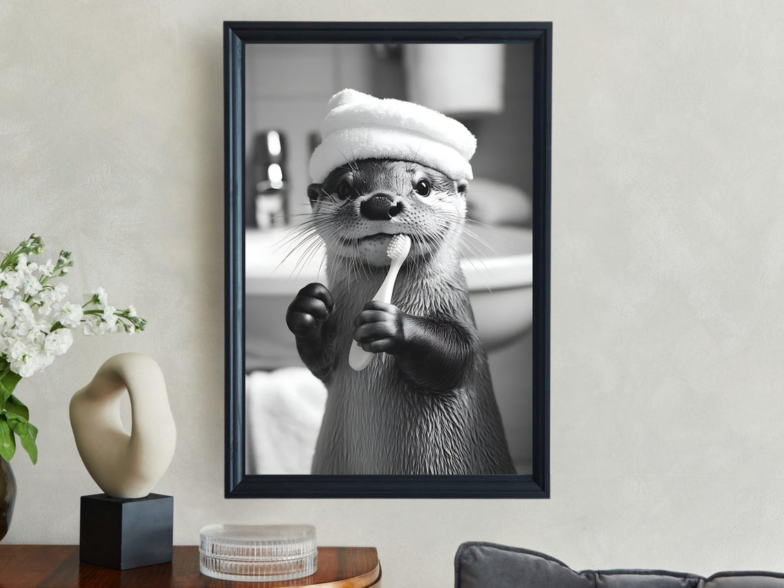 Otter Brushing Teeth With Towel On Head Black And White Poster - Image 2