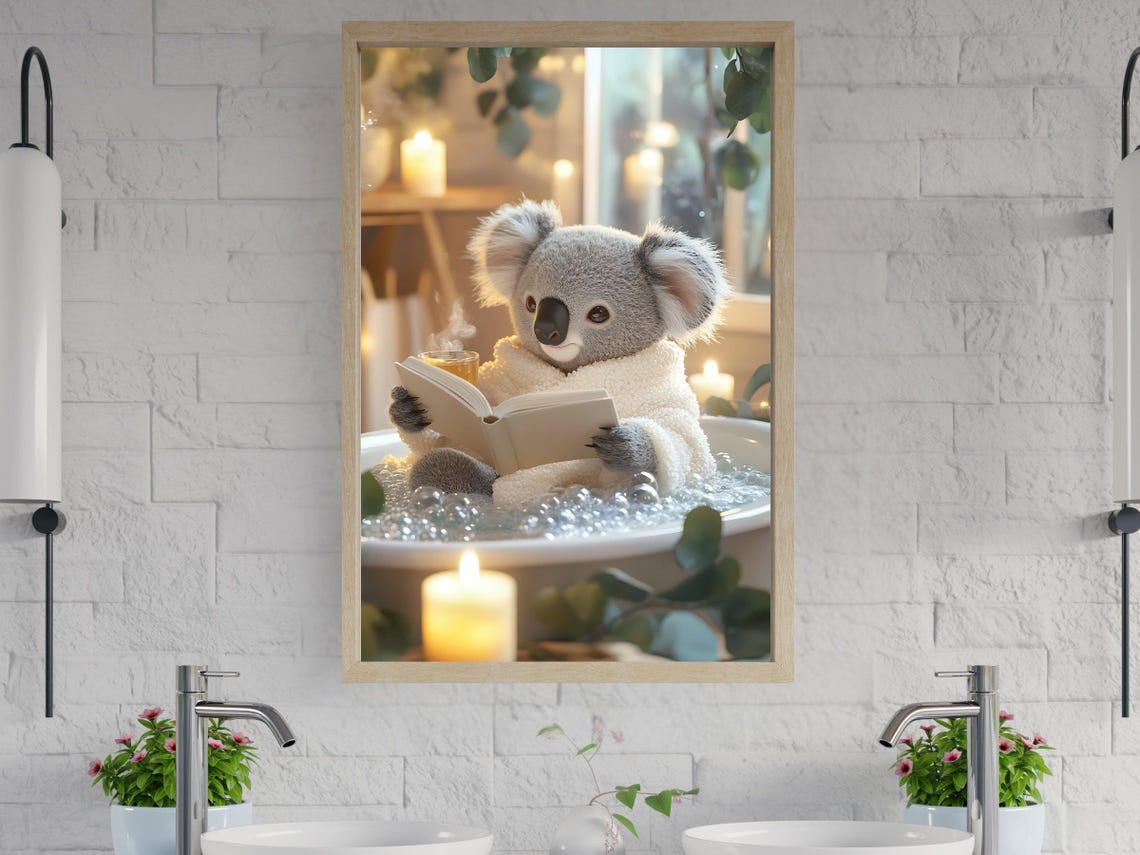 Koala in a Towel Reading a Book in a Warm Bubble Bath Poster