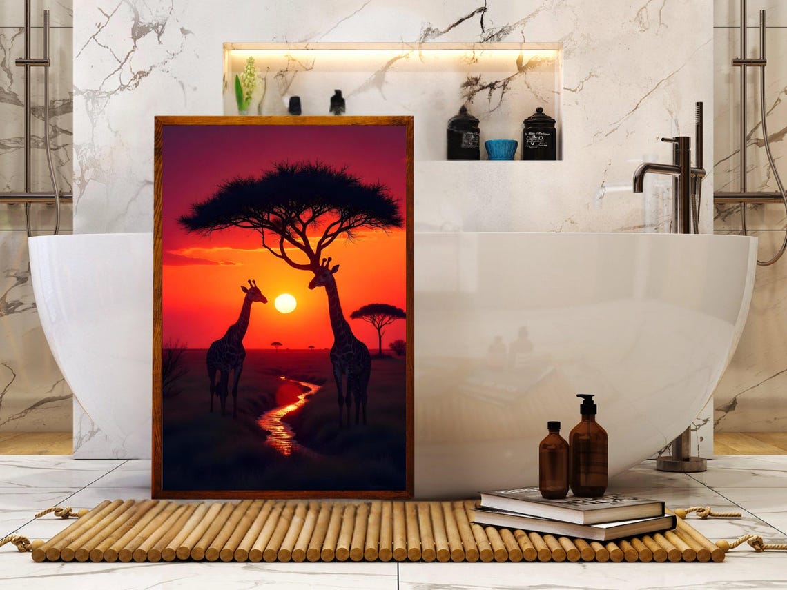 Giraffes Under Acacia Tree at Blazing African Red Sunset Poster - Image 4