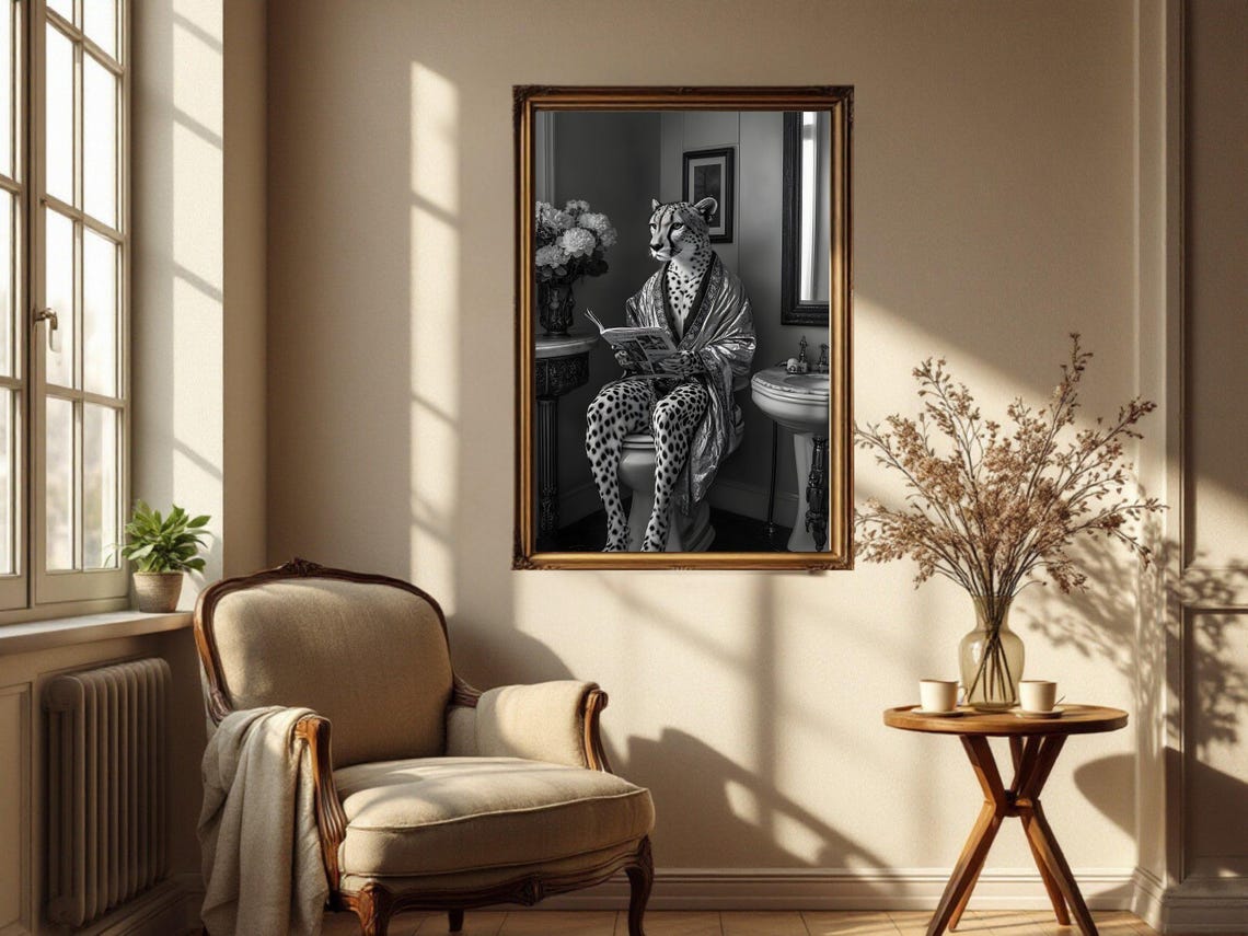 Cheetah In Satin Robe Reading On Toilet Black And White Poster - Image 4