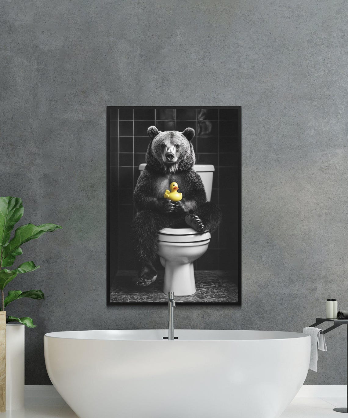 Bear Sitting On A Toilet Holding A Yellow Rubber Duck Poster - Image 3