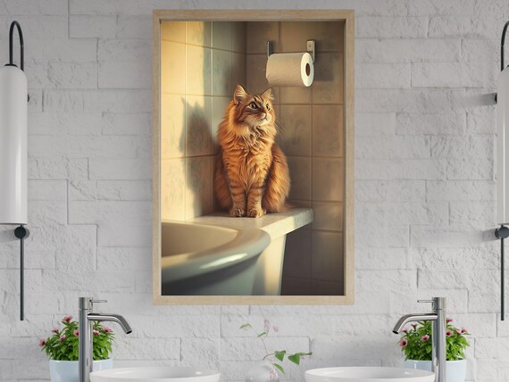 Long Haired Ginger Cat Resting on Counter in a Sunlit Bathroom Poster