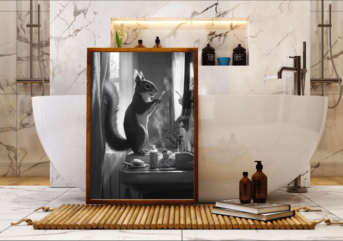 Cute Squirrel Brushing Teeth at a Bathroom Sink Black and White Poster - Image 5
