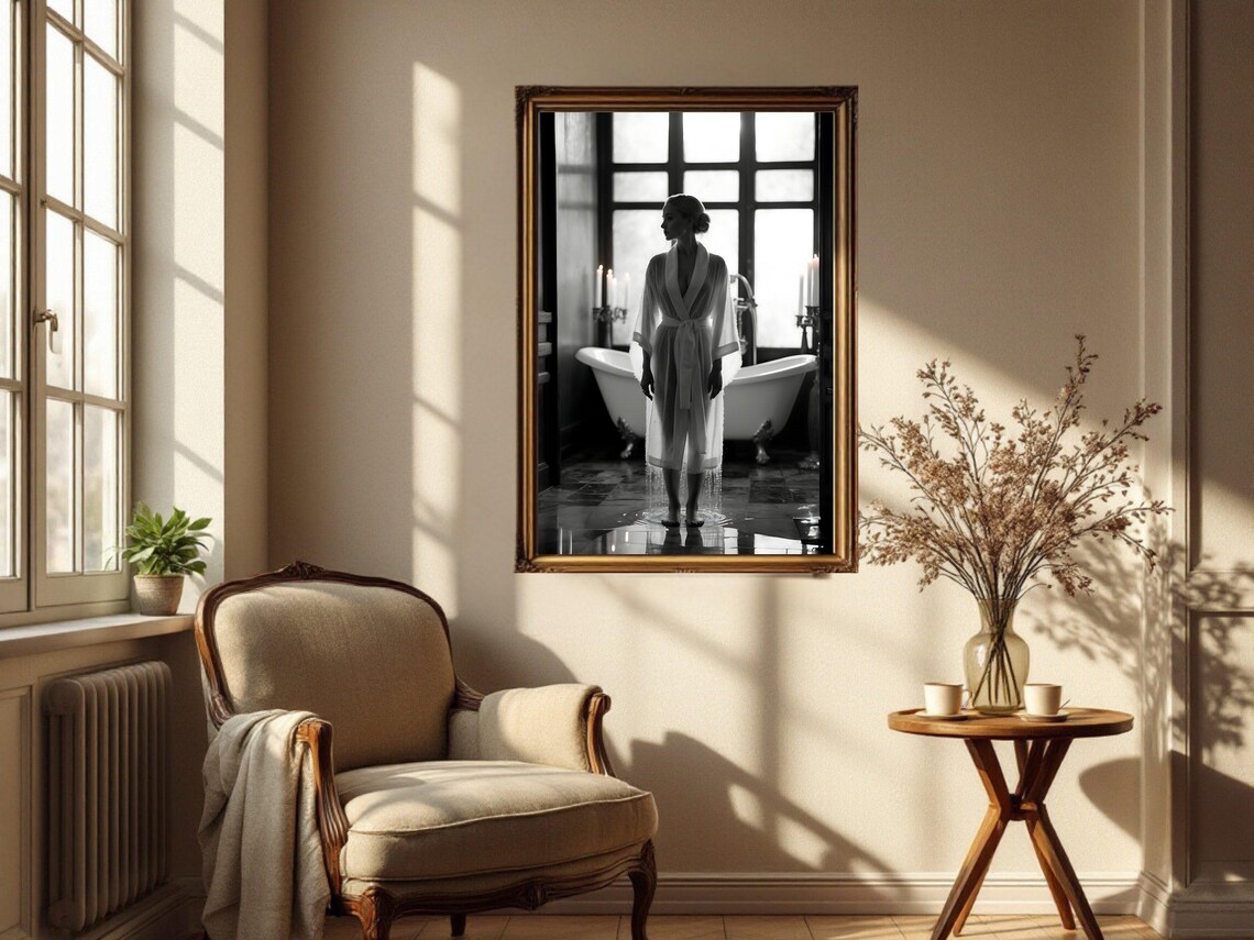 Woman in a Robe Standing in an Elegant Clawfoot Tub Bathroom Poster - Image 2
