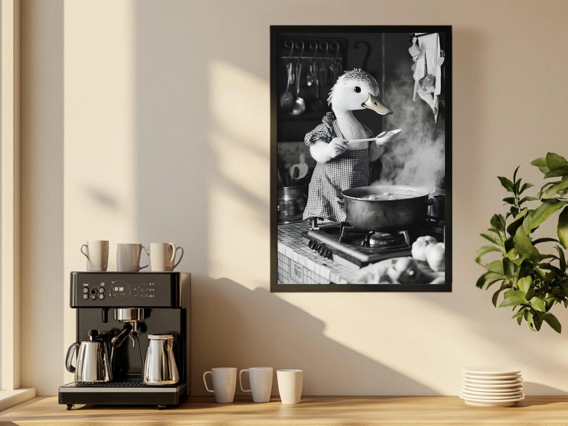 Duck Chef Stirring Soup Quirky Black and White Kitchen Poster - Image 2