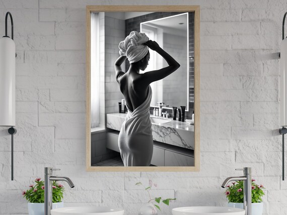 Woman in a Towel Turban Standing Before a Bathroom Mirror Poster