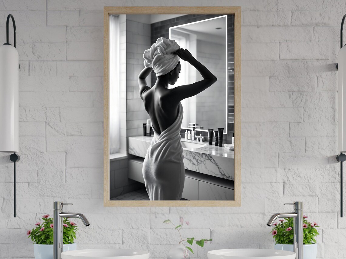 Woman in a Towel Turban Standing Before a Bathroom Mirror Poster
