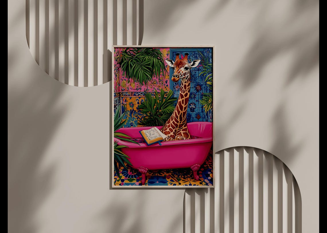Giraffe Reading Book In Pink Bathtub Tropical Jungle Animal Poster - Image 5