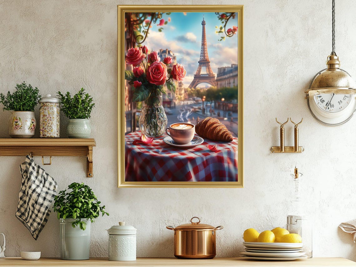 Paris Cafe Scene Eiffel Tower Croissant Coffee Romantic Poster