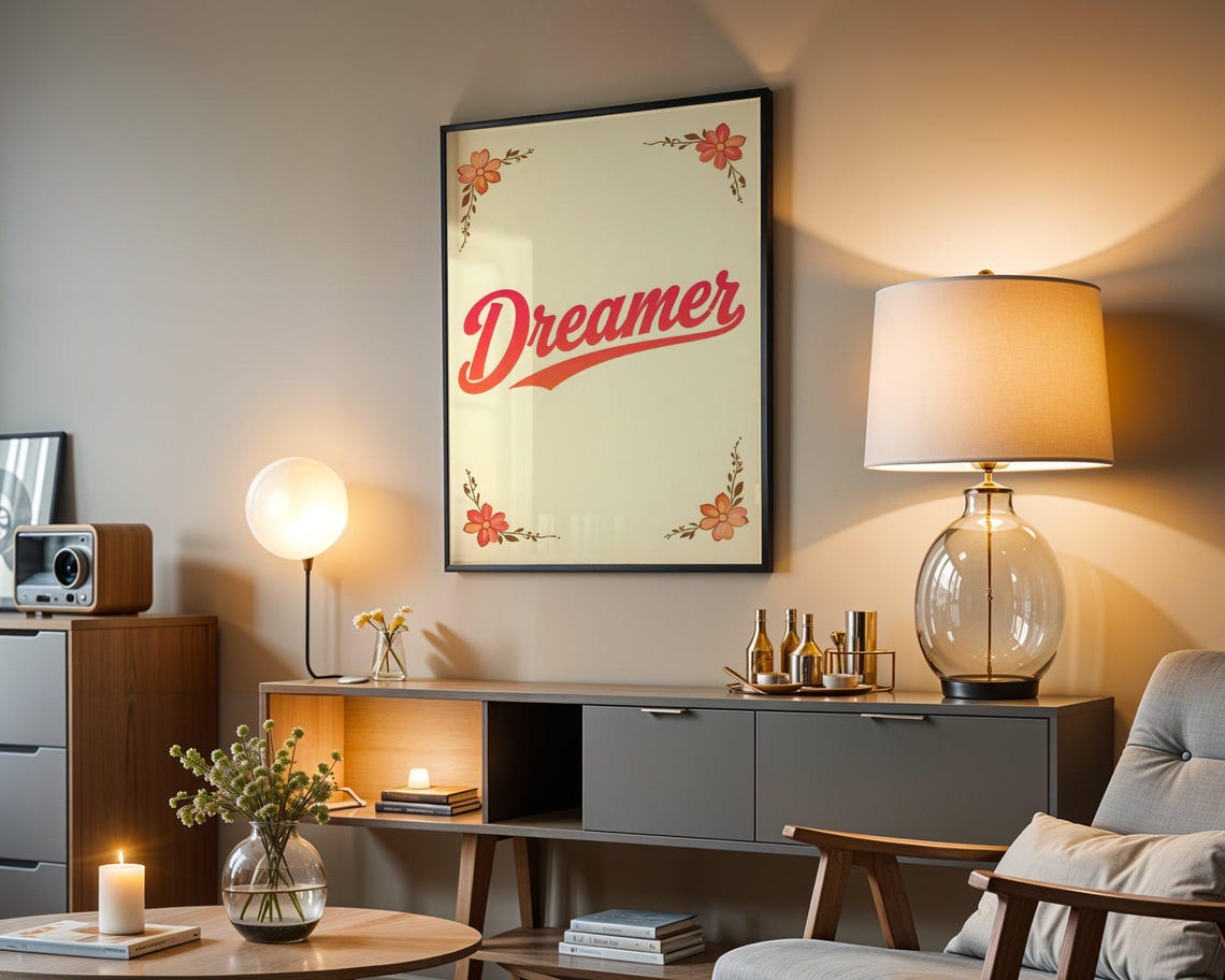 Dreamer Red Retro Script Floral Corner Inspirational Quote Poster - Image 3