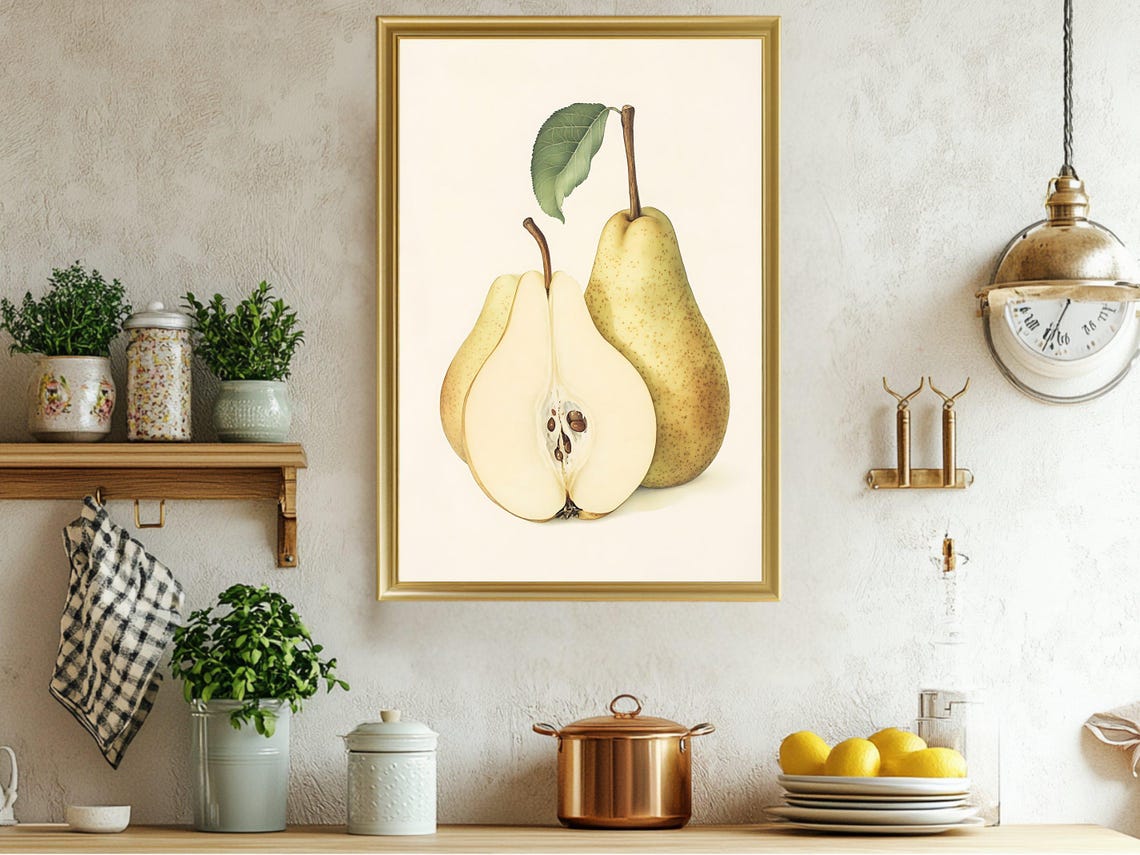 Vintage Pear Botanical Illustration Halved Fruit Kitchen Poster