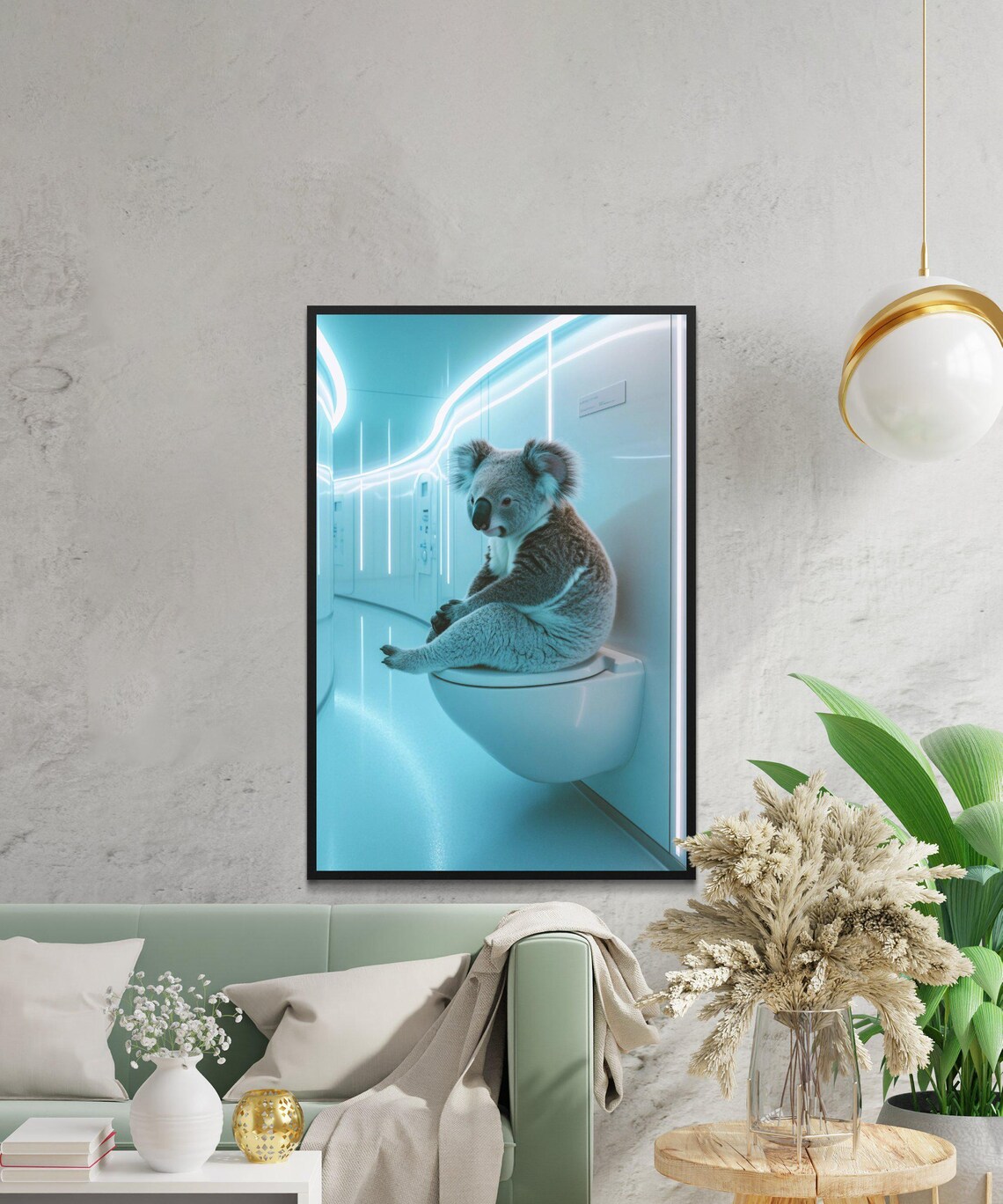 Koala Sitting On A Toilet In A Futuristic Neon Blue Bathroom Poster - Image 2