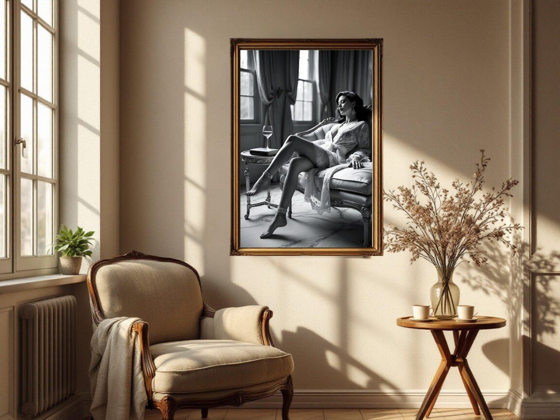 Romantic Black And White Boudoir Portrait Lace Robe Chaise Poster - Image 2