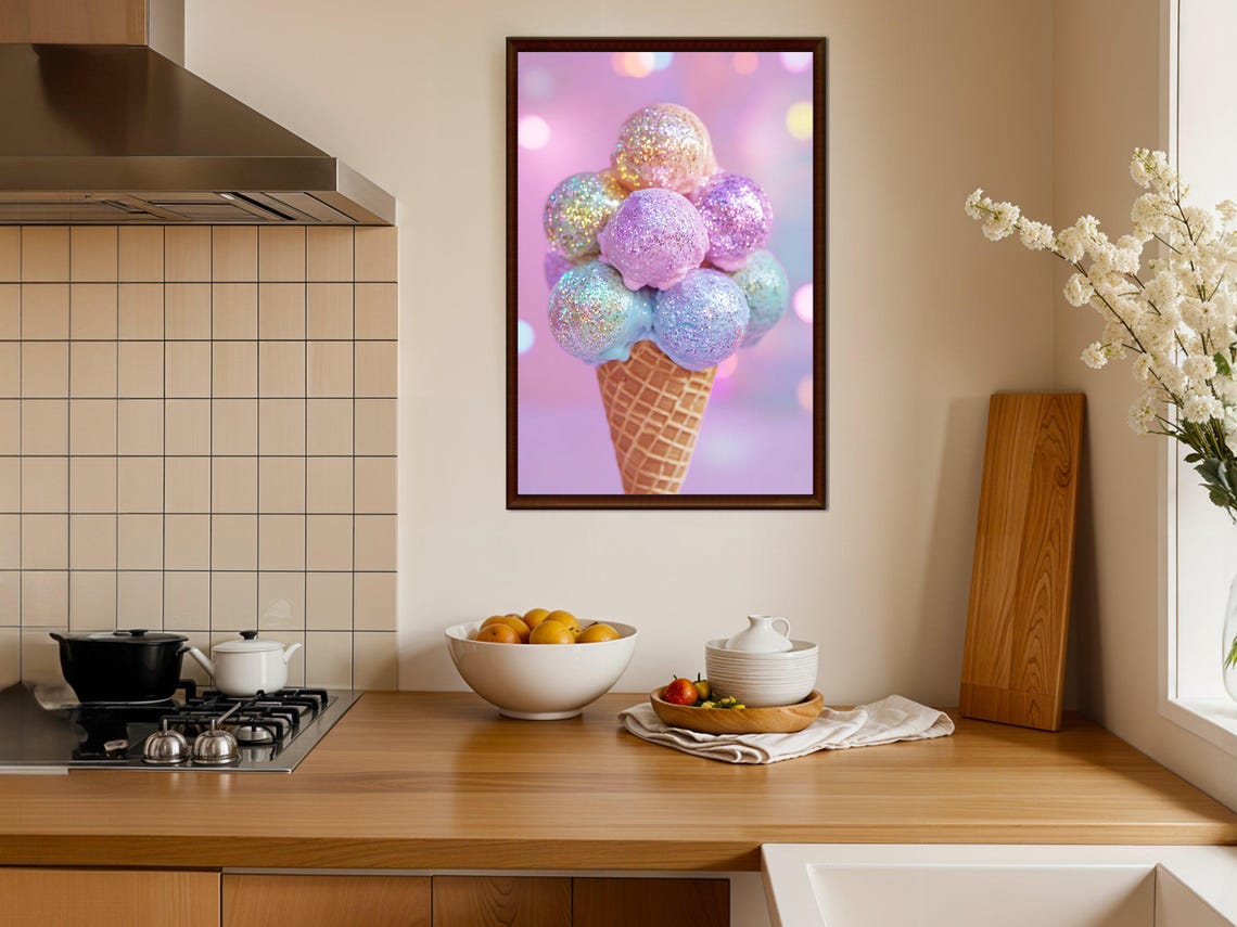 Sparkly Ice Cream Cone Wall Art Pastel Pink Glitter Print Fun And Colorful Ice Cream Poster Cute Pastel Room Decor - Image 4