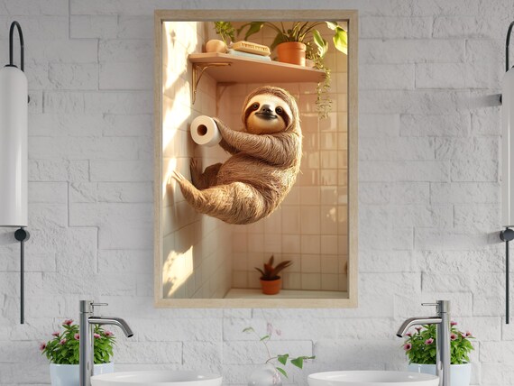 Lazy Sloth Hanging on the Bathroom Wall Holding Toilet Paper Poster