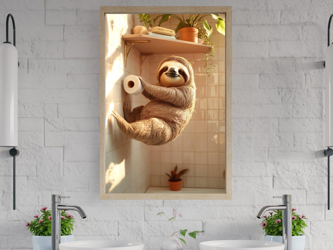 Lazy Sloth Hanging on the Bathroom Wall Holding Toilet Paper Poster
