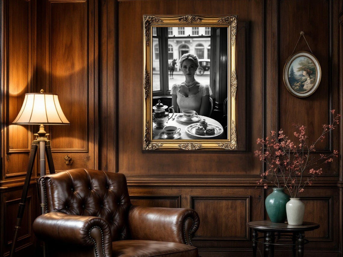 Elegant Woman Enjoying Afternoon Tea by Cafe Window, B&W Poster - Image 5