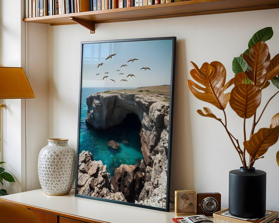 Sea Cave Natural Rock Arch Over Turquoise Water With Seagulls Poster - Image 3