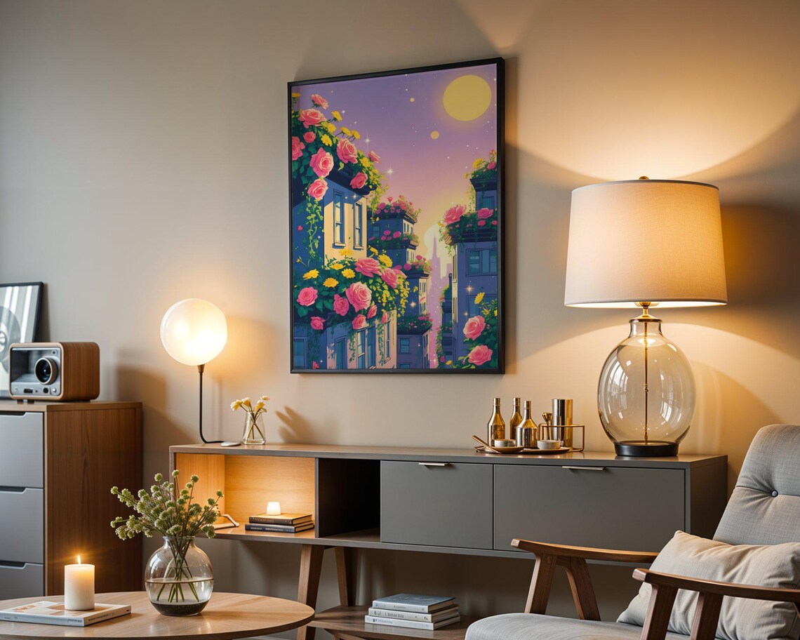 Dreamy Rose Covered City Sunset Skyline Fantasy Urban Art Print - Image 3