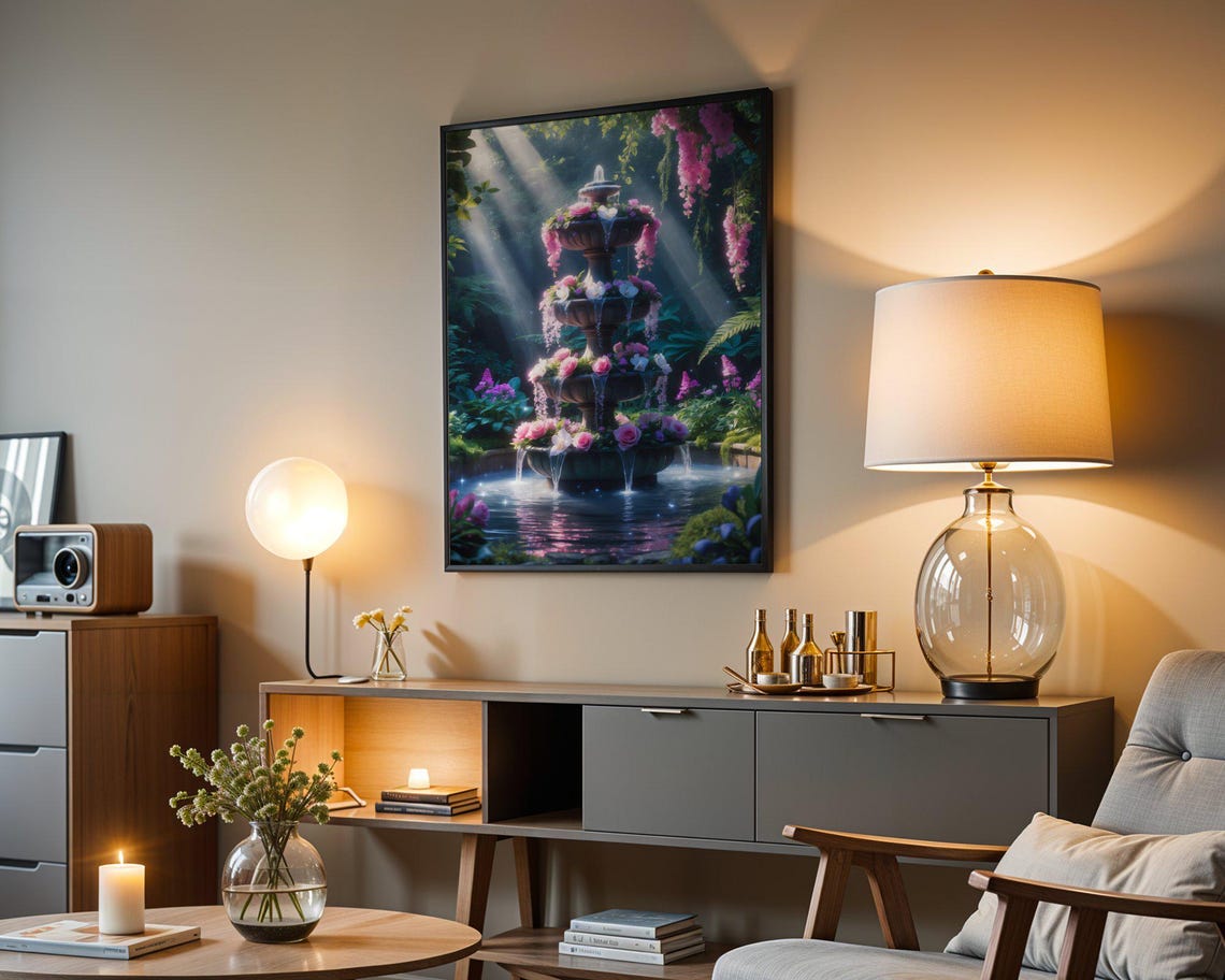 Tiered Garden Fountain With Pink Roses In Sunlit Bloom Poster - Image 3