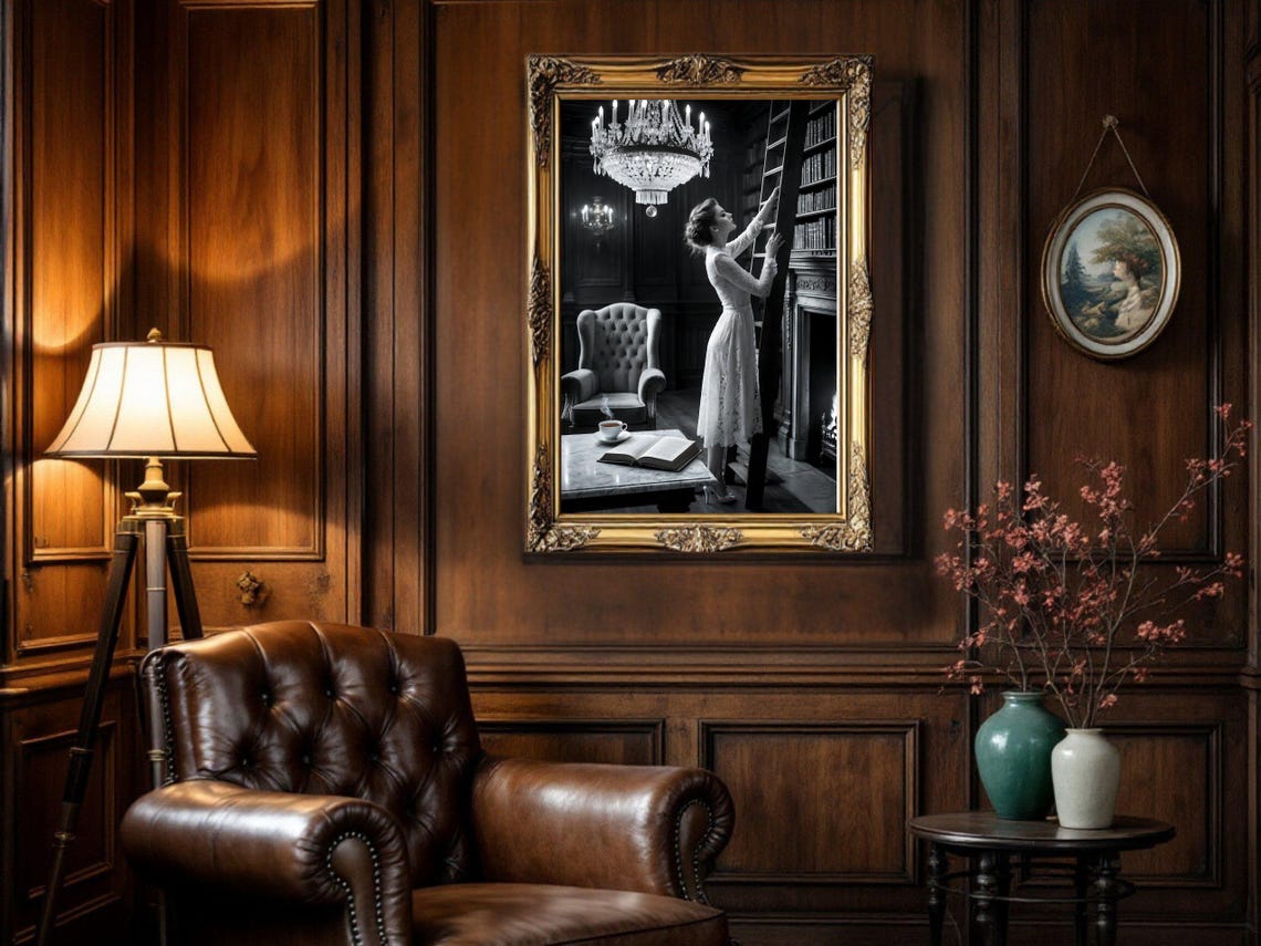 Woman in Lace Dress Climbing Library Ladder, Chandelier Poster - Image 5
