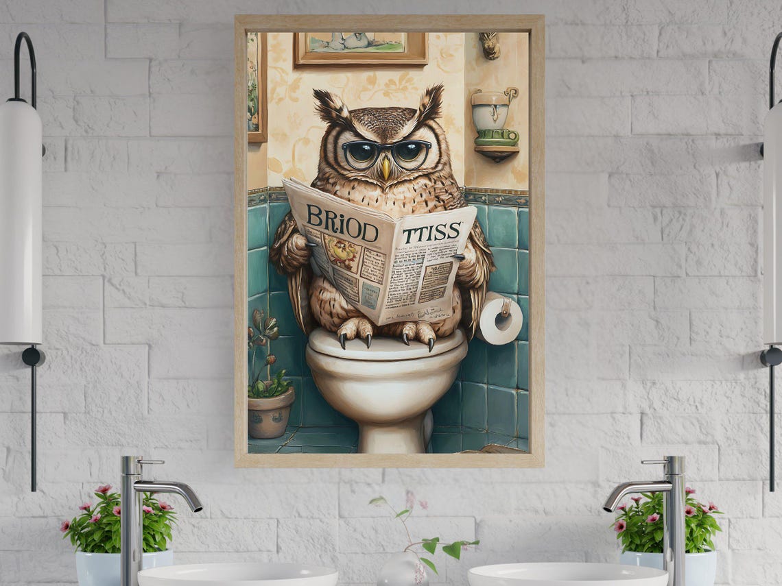 Wise Owl in Glasses Reading a Newspaper Sitting on the Toilet Poster