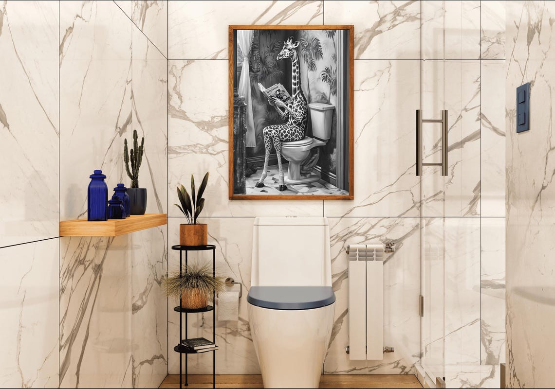 Giraffe Reading a Newspaper on the Toilet Whimsical Bathroom Poster - Image 4