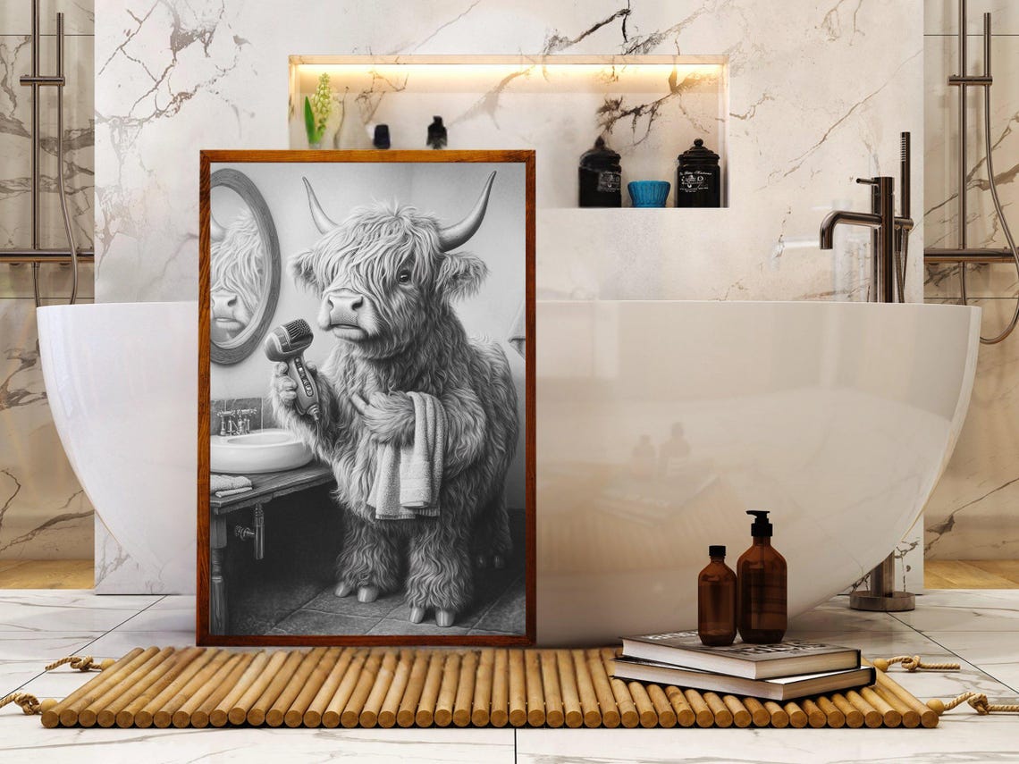 Highland Cow With Hair Dryer in Bathroom Black and White Poster - Image 5