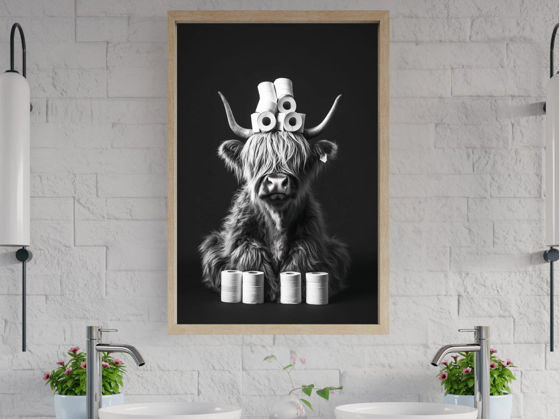 Highland Cow with Toilet Paper Rolls Balanced on Its Head Poster