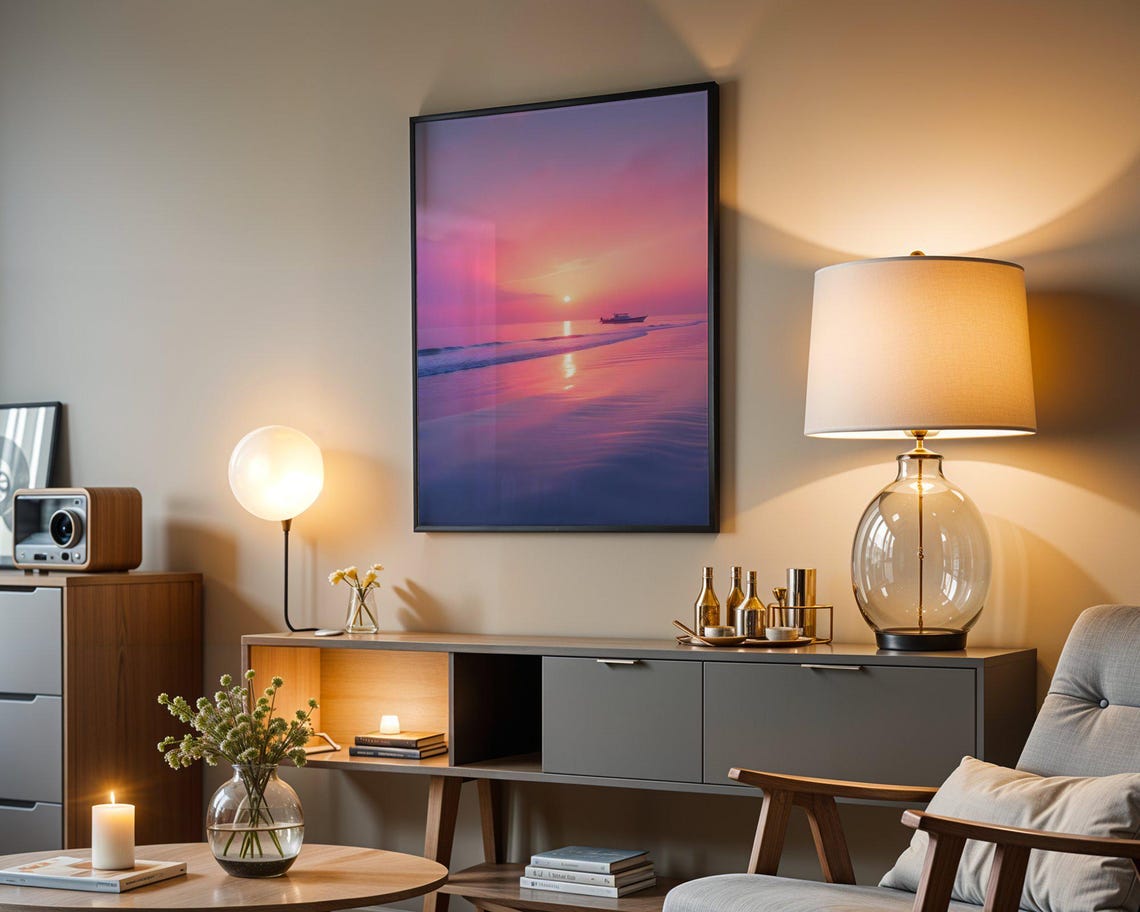 Soft Pink Ocean Sunset With Lone Boat On Calm Reflecting Water Poster - Image 5