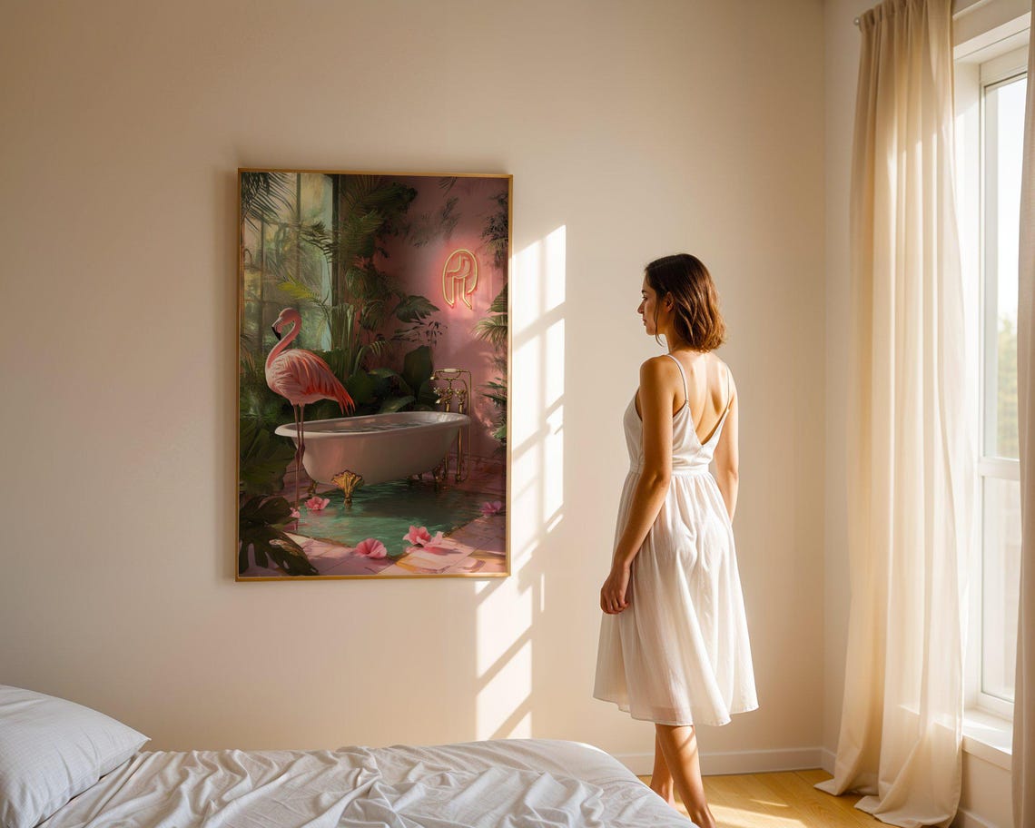 Pink Flamingo Standing in a Bathtub Under a Neon Sign Poster - Image 3