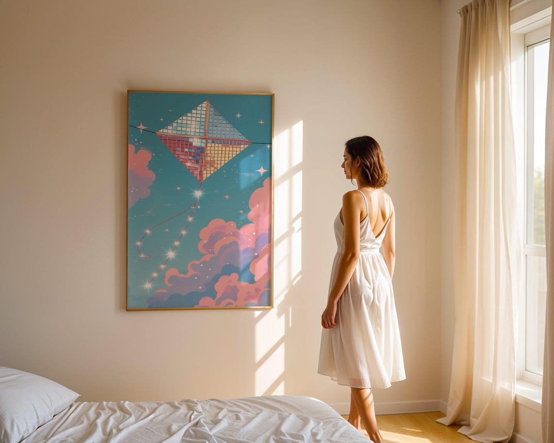Disco Mosaic Kite Flying In Pastel Starry Sky Whimsical Poster - Image 3