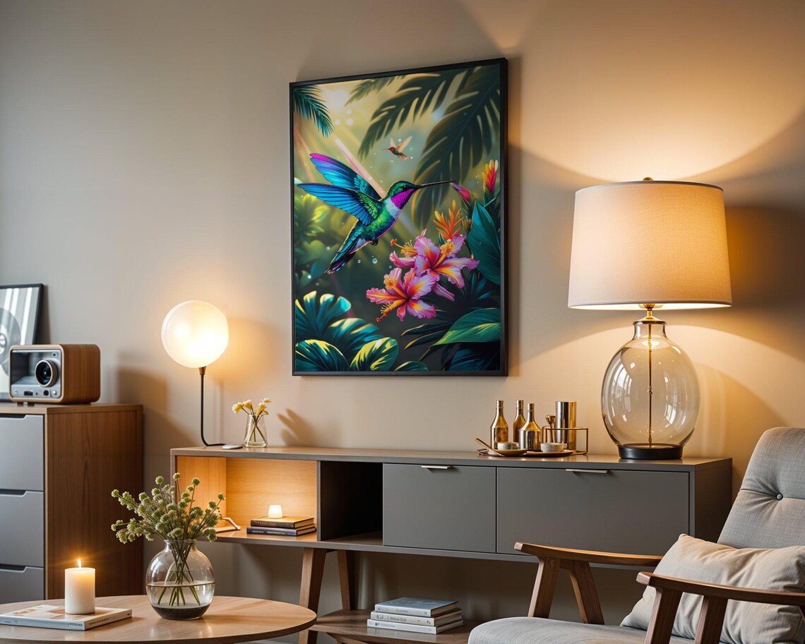 Iridescent Hummingbird Feeding At Hibiscus Flowers In A Sunbeam Poster - Image 3