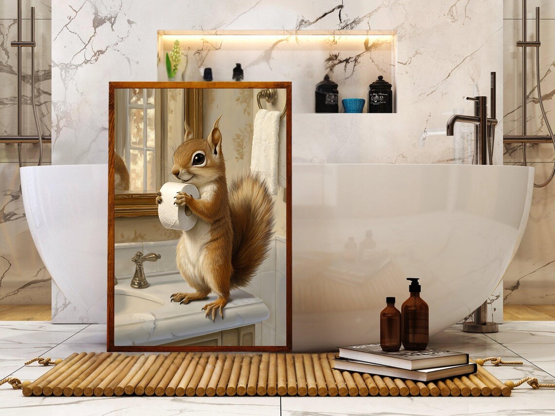 Cheerful Squirrel Holding a Toilet Paper Roll on a Bathroom Sink Poster - Image 5