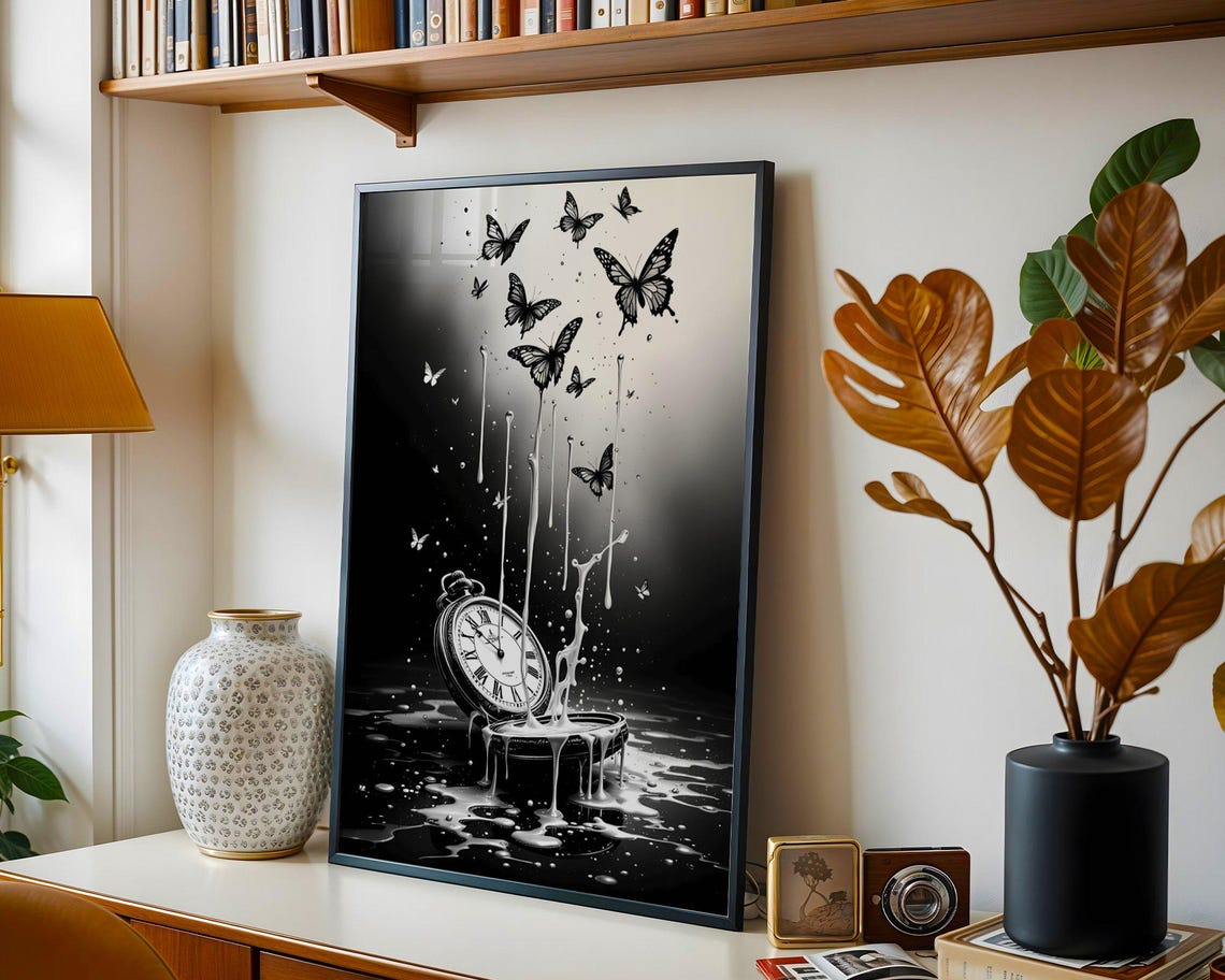Surreal Melting Clock With Butterflies Art Print Black And White Artwork Dreamlike Wall Art Modern Home Decor Unique Gift - Image 2