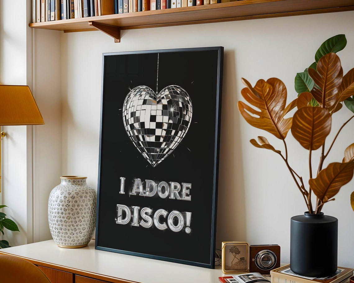 Adore Disco Heart-Shaped Mirror Ball Retro Party Dance Poster - Image 2
