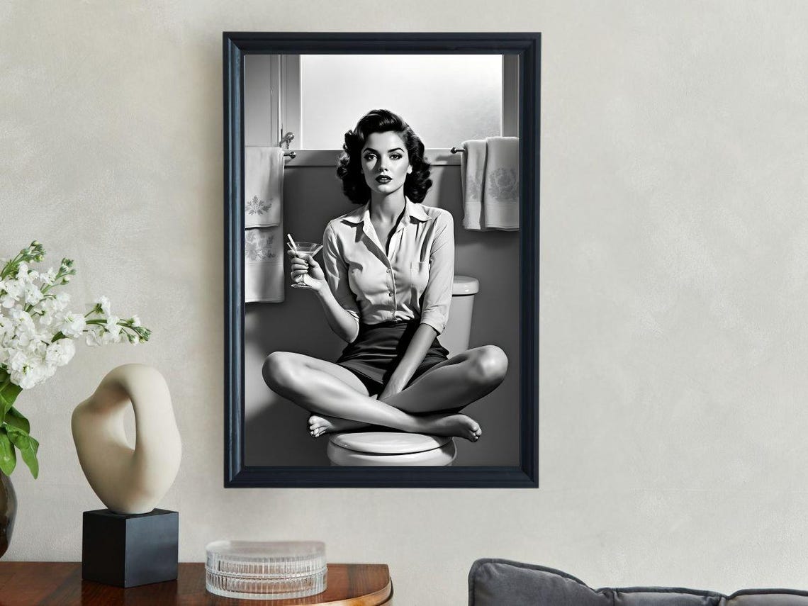 Dark Haired Pin Up Woman With Martini In Tiled Bathroom Poster - Image 3