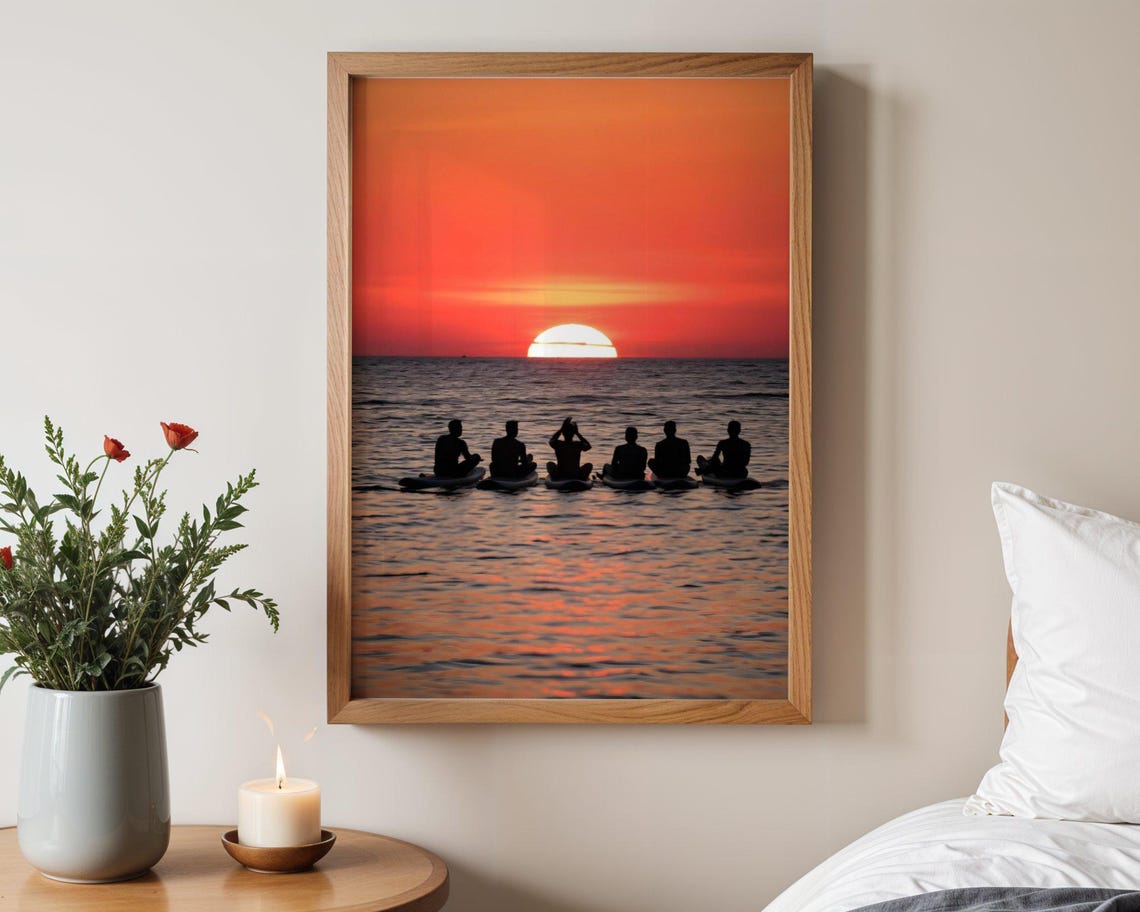 Sunset Ocean Surfing Silhouettes Group Paddle Board Photo Poster