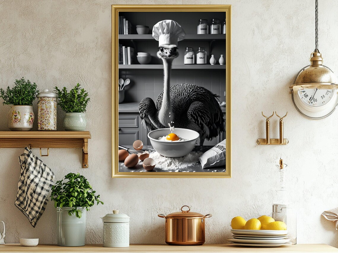 Funny Chef Ostrich Kitchen Art Ostrich Wall Art Chef Artwork Quirky Kitchen Decor Funny Animal Art Modern Kitchen Wall Decor