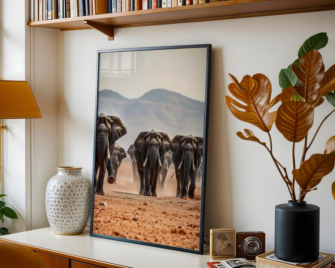 African Elephant Herd Charging Forward on a Dusty Savanna Trail Poster - Image 3